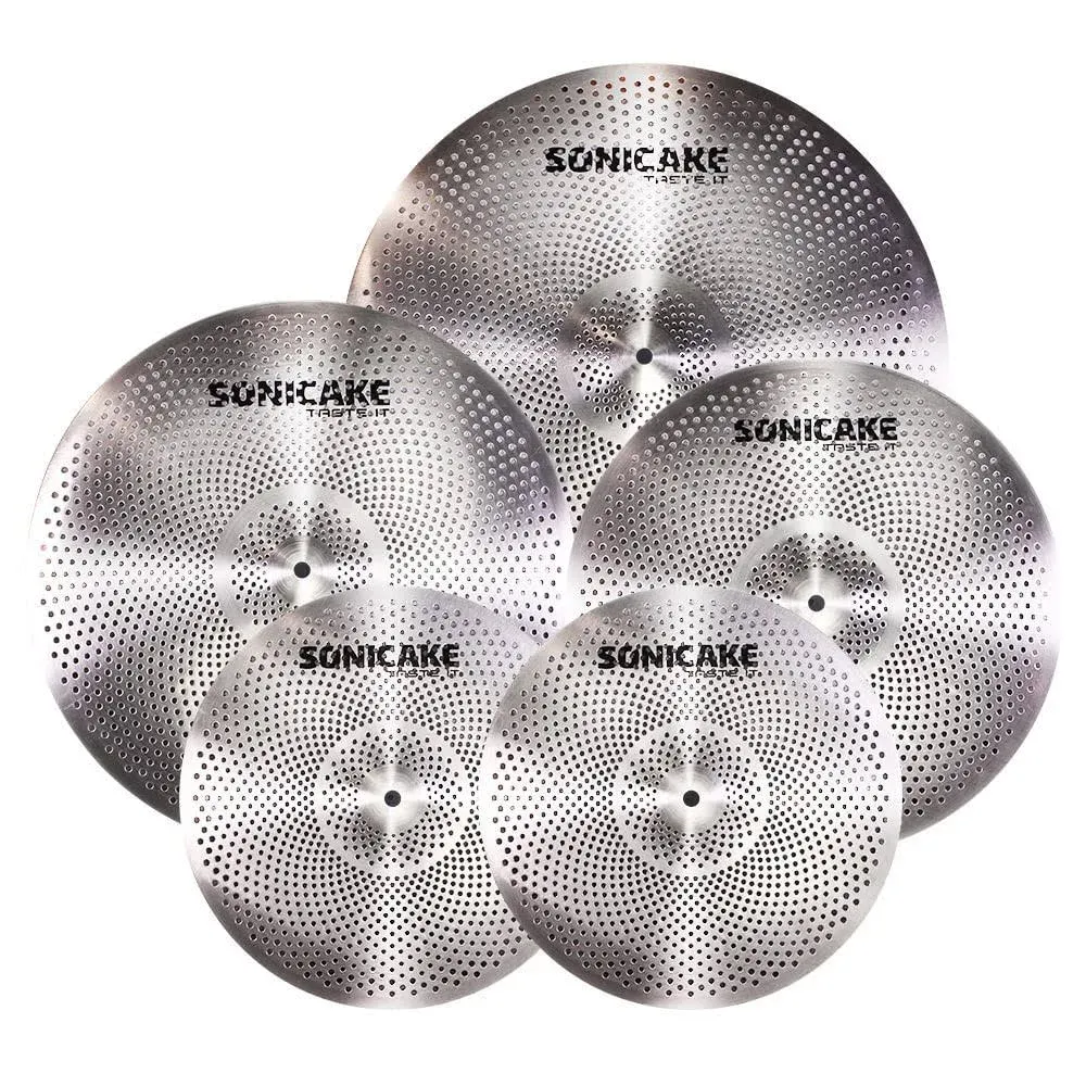 SONICAKE Low Volume Cymbal Pack Quiet Cymbal Set 14"Hi-hats+16"Crash+18"Crash+20"Ride 5 Pcs Mute Drum Cymbal Set Quiet Practice Cymbal, Sliver