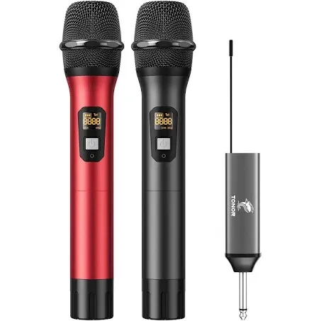 TONOR Wireless Microphones, UHF Metal Dual Cordless Dynamic Mic System with Rechargeable Receiver, Microfonos Inalambricos Professional for Karaoke Singing, Wedding, Speech, Church 200ft TW630 Black