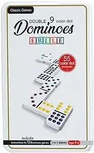 Dominos Set Game. Premium Classic 55 Color Pieces Double Nine Domino. Durable tin Box. Kids, Boys, Girls, Party Favors and Anytime use. Duoble 9 Dominoes.