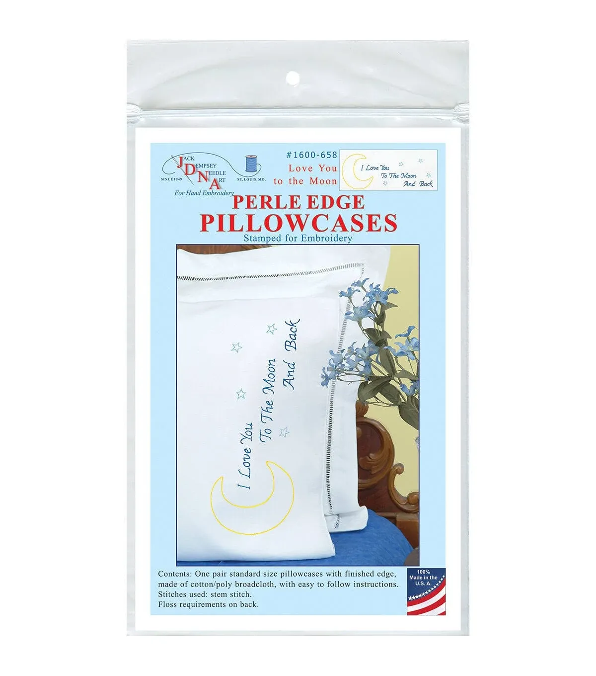 Jack Dempsey Needle Art 1600 658 Jack Dempsey Stamped Pillowcases W/White Perle Edge 2/Pkg-Love You to The Moon, Standard