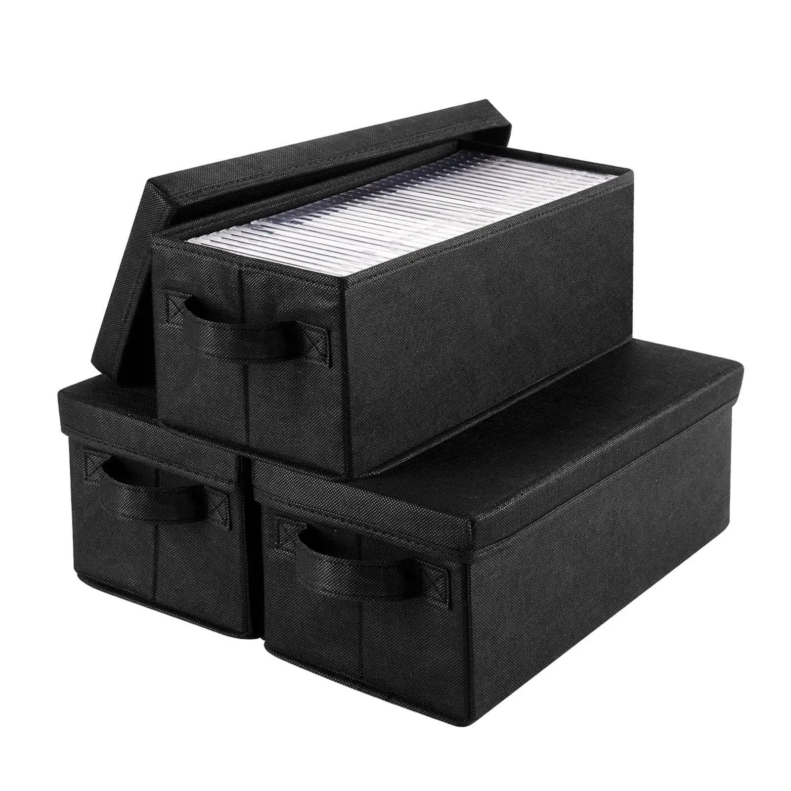 CD Storage Box Set of 3, DVD Storage Case 14.2 x 6.3 x 5.5 Inch CD Case Storage with Lids & Handles to Store up to 165 Discs for Car Travel Home - Light Grey