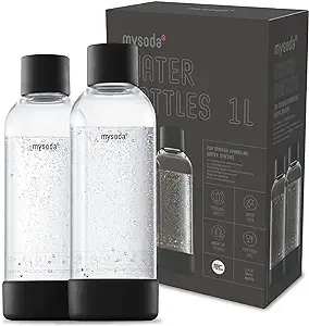 Carbonating Bottles 2Pck 1L - Compatible, Drinkmate, Wassermaxx, Aqvia, Sodapop and Levivo - Lid and Base Made of Wood Composite - Quick-Lock Reusable Bottles - BPA Free - Black