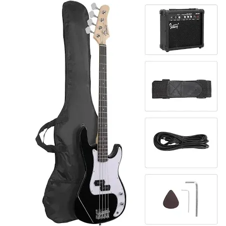 GLARRY Full Size Electric Bass Guitar Beginner Kit 4 String with AMP, Cable, Strap, Bag and Accessories (Black)