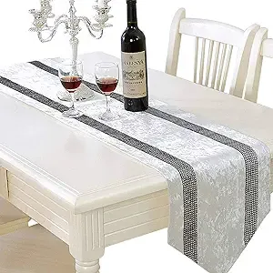 Jiino Elegant Table Runner 72 Inches Long Creamy White Rhinestone Table Runners Sequins with Diamante Strip and Tassels for Table Decoration Birthday/Wedding Party