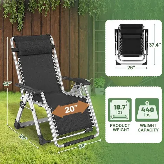 Folding Zero Gravity Metal Frame Recliner Outdoor Lounge Chair with Side Tray and Adjustable Headrest