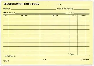 Requisition on Parts Room Form (1-Part, Canary Yellow) (Car Parts Order Form) (100 per Pad)