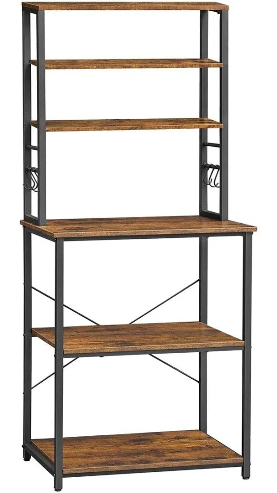 VASAGLE Coffee Bar, 39.4 Inches Baker's Rack for Kitchen with Storage, 6-Tier Kitchen Shelves with 6 Hooks, Microwave Stand, Industrial, Rustic Brown and Black UKKS039K01