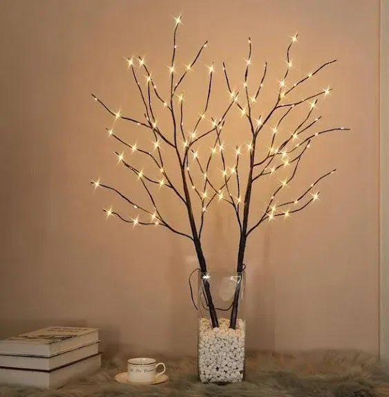 LIGHTSHARE Lighted 32IN Artificial Twig Birch Tree Branch with 120 Fairy LED Lights Battery Operated with Timer for Spring Thanksgiving Christmas Decoration Indoor Outdoor Sticks, Brown