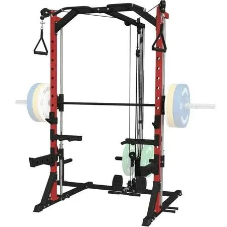 Mikolo Smith Machine Home Gym, Multi-Functional Squat Rack with Lat Pull Down System, Workout Station with Weight Bar, Bend Peg and Other Functional