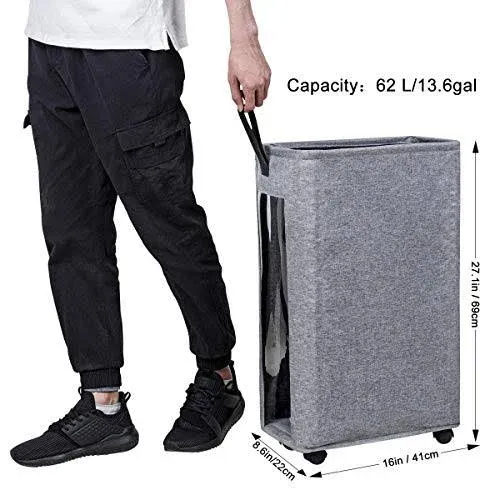 55L Large Slim Rolling On Wheels Laundry Hamper Basket Clear Window Visible D...