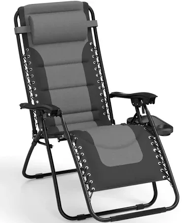 MFSTUDIO Zero Gravity Chairs, Oversized Patio Recliner Chair, Padded Folding Lawn Chair with Cup Holder Tray, Support 400lbs, Grey