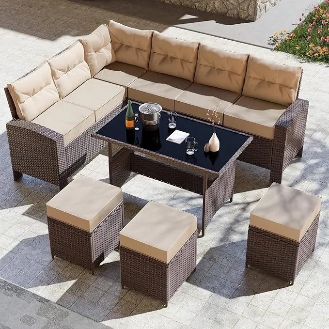 Kullavik 7 Piece Outdoor Patio Furniture Set All-Weather Wicker Rattan Sofa Set Outdoor Sectional Conversation Set