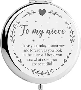 Ming Heng Niece Gift Silver Travel Compact Makeup Mirror,Niece Gift from Aunt and Uncle, Graduation Gifts for Her, Niece Birthday Gift Ideas, Niece Christmas from Auntie Uncle