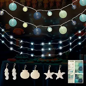 Gift Box 2 Set Led String Lights,Cotton Ball String Lights and Ocean String Lights,Blue Fairy Lights,Boy's Bedroom,Courtyard, Wedding, Christmas,Party,Festival Decor