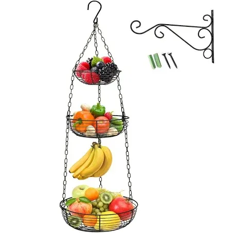 HULISEN 3 Tier Hanging Fruit Basket with Banana Hook, Heavy Duty Wire Hanging Baskets for Kitchen Storage, 36 Inch Hanging Vegetable Produce Basket Organizer (Including Installation Bracket)