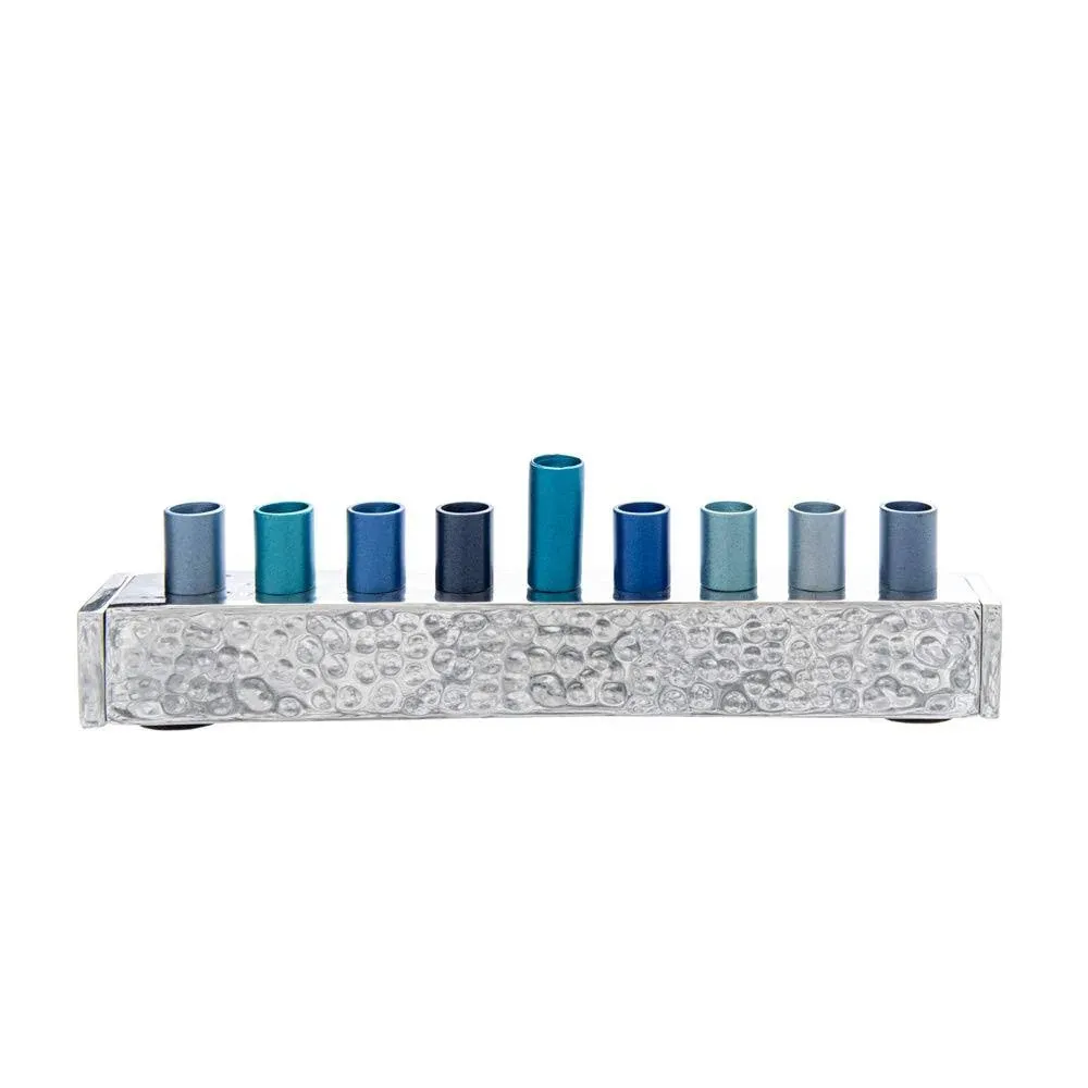 Small Hammered Strip Menorah by Yair Emanuel - Blue