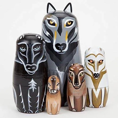 Bits and Pieces - "Wynter & His Pack Wolf Pack - Matryoshka Dolls - Wooden Russian Nesting Dolls - Wolf - Animal Figurines - Stacking Doll Set of 5