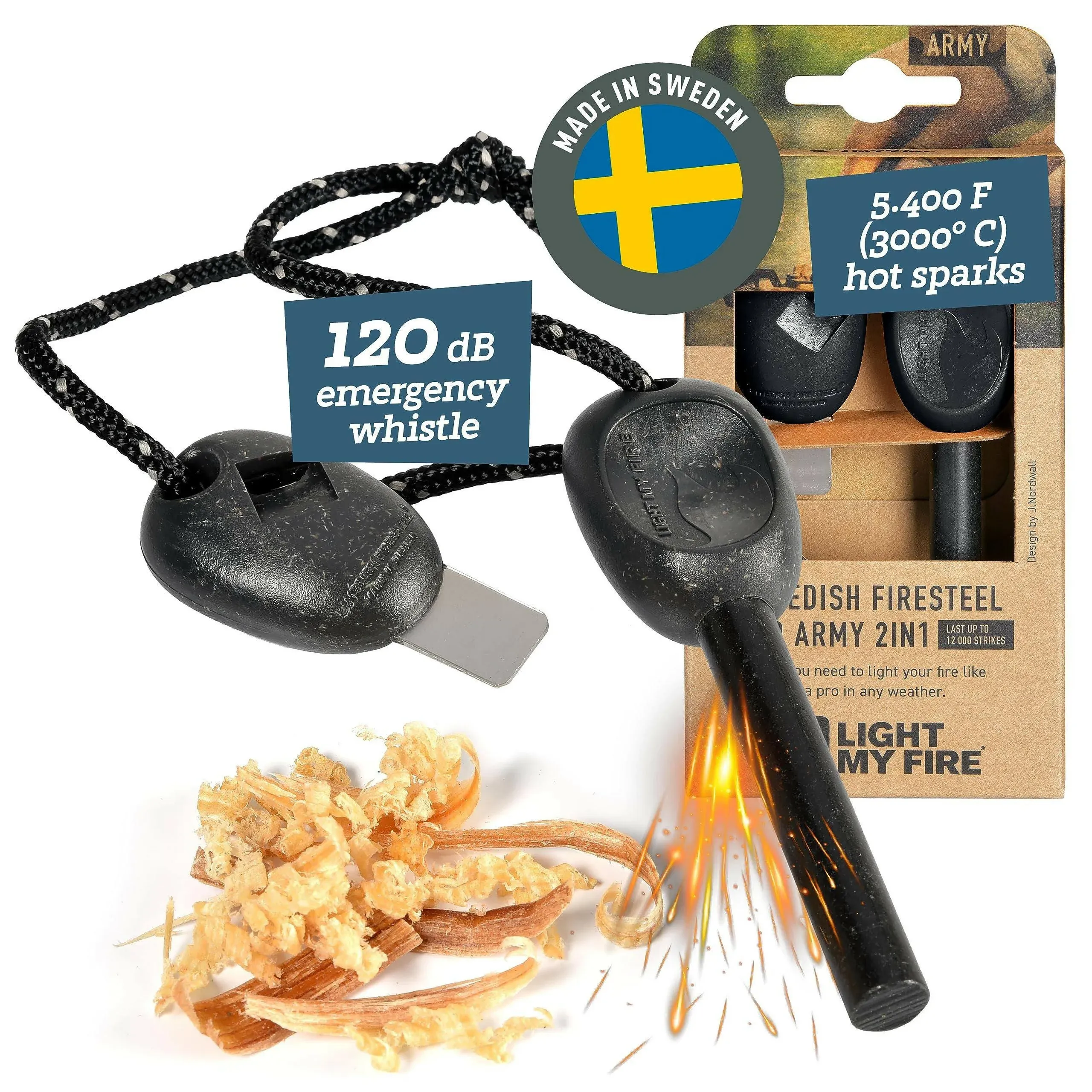 Light My Fire Ferro Rod - Flint and Steel Fire Starter - Magnesium Fire Starter - Swedish Fire Steel BIO Army - 12 000 Strikes - 2 in 1 Outdoor Flint Fire Starter - Camping Ferro Rod Fire Starter