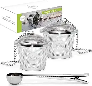 Tea Infuser for Loose Tea - Set of 2 Large Cup & Scoop with Bag Clip - Reusable Tea Strainers, Steeper for Loose Tea, Diffusers for Brew, Tea, Spices & Seasonings. Satisfaction Guarantee