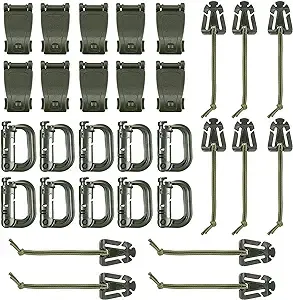 BOOSTEADY 36PCS Attachments for Tactical Backpack Vest Belt,D-Ring Grimloc Locking Gear Clip, Web Dominator Elastic Strings, Strap Management Tool Buckle,Hydration Tube Clips,Key Ring,MOLLE Bag