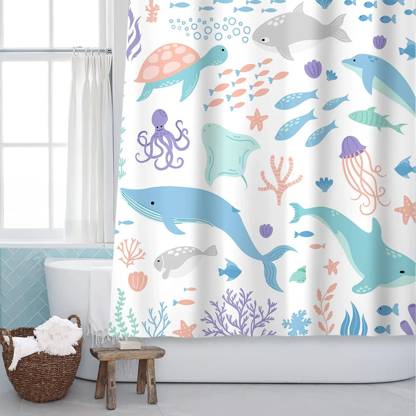 Sunlit Lovely Cartoon Pastel Colors Aquarium Baby Shower Curtain, Ocean Creatures ...