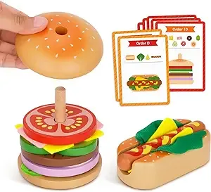 Tookyland Wooden Hot Dog and Hamburger Stacking Toys, Play Fake Food Toy for ...