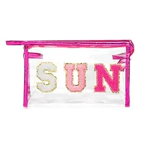 E1mity Preppy Sun Patch PVC Cosmetic Bag Clear Toiletry Bag Preppy Stuff Pencil Case Portable Travel Make Up Bag Zipper Waterproof Daily Purse Ladies Girls Travelling Office School Home Use (Rose Red)