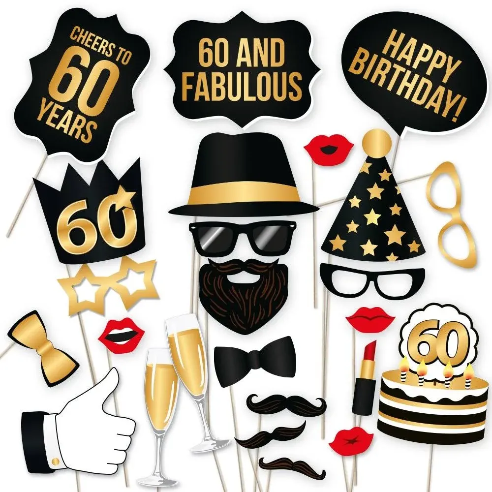 60th Birthday Photo Booth Props – Fabulous Sixty Party Decoration Supplies for Him and Her, Funny Sixtieth Bday Photobooth Backdrop Signs for Men and Women, Black and Gold Picture Decor – 34 Pieces