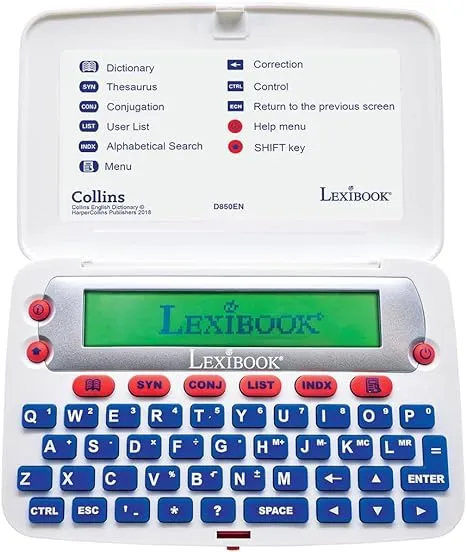 LEXiBOOK - The Collins English Dictionary, 13th Edition - Electronic Dictionary, Definitions, Thesaurus, Conjugation, Phonetic Spellchecker, Crossword Solver, with Battery, Blue/White, D850EN