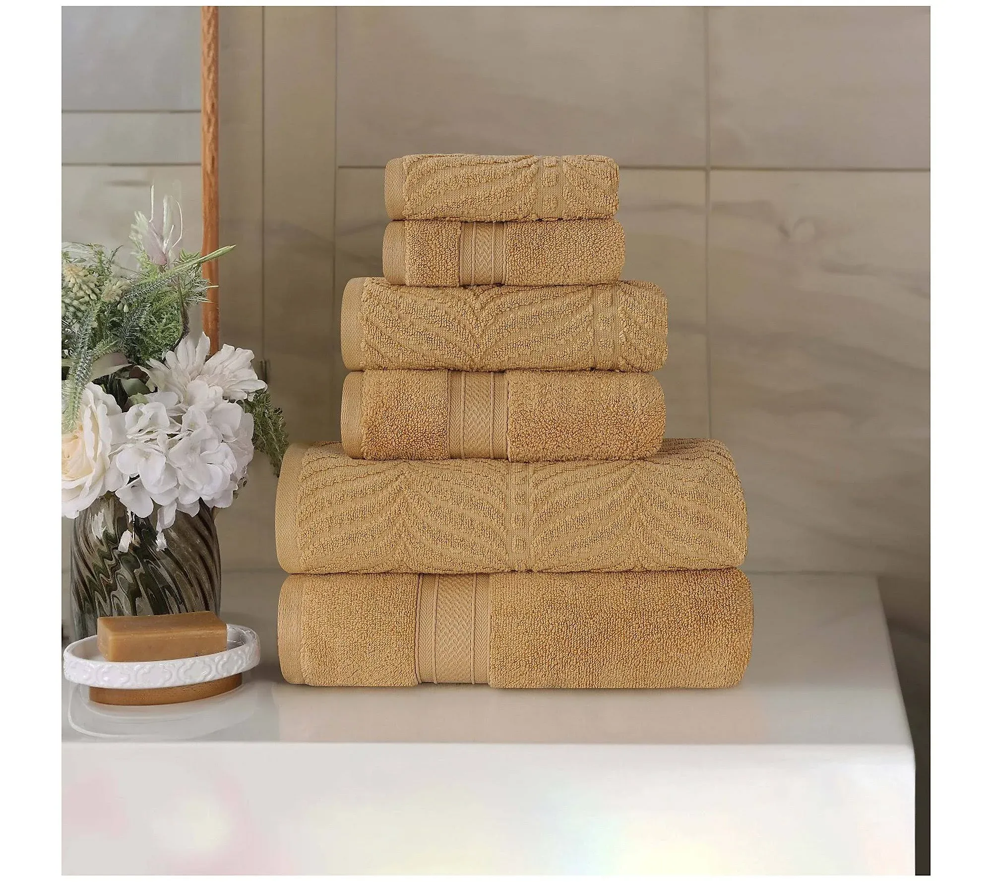 Superior Cotton Chevron 6 Piece Assorted Towel Set, Zero Twist, Quick Dry, Home Essentials, Shower, Spa, Luxury Plush Soft Absorbent Towels, Includes 2 Bath, 2 Hand, 2 Washcloth/Face Towels, Gold