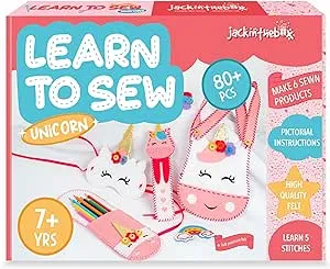 jackinthebox Learn to Sew | Unicorn Theme Kids Sewing kit with 6 Sewing Crafts | Sewing kit for Kids Ages 6 7 8 9 10 | Premium Quality Felt | Has