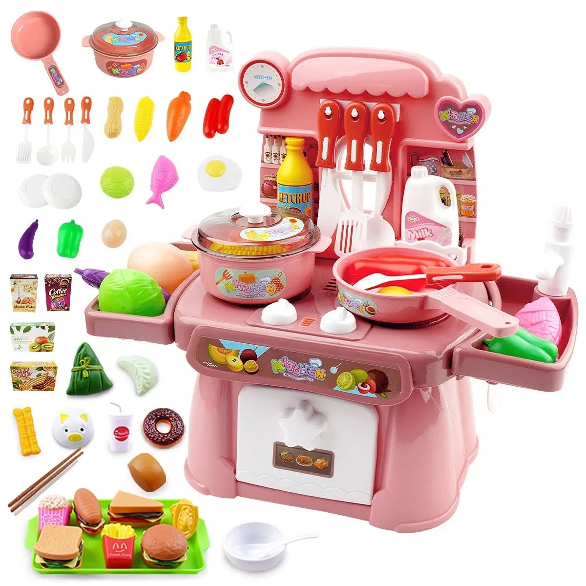 Kitchen Toys Imitated Chef Light Music Pretend Cooking Food Play Set,Children Girl Toy Gift Toy Kitchen Sink with Running Water and Electronic Induction Stove (red Kitchen and More Food)