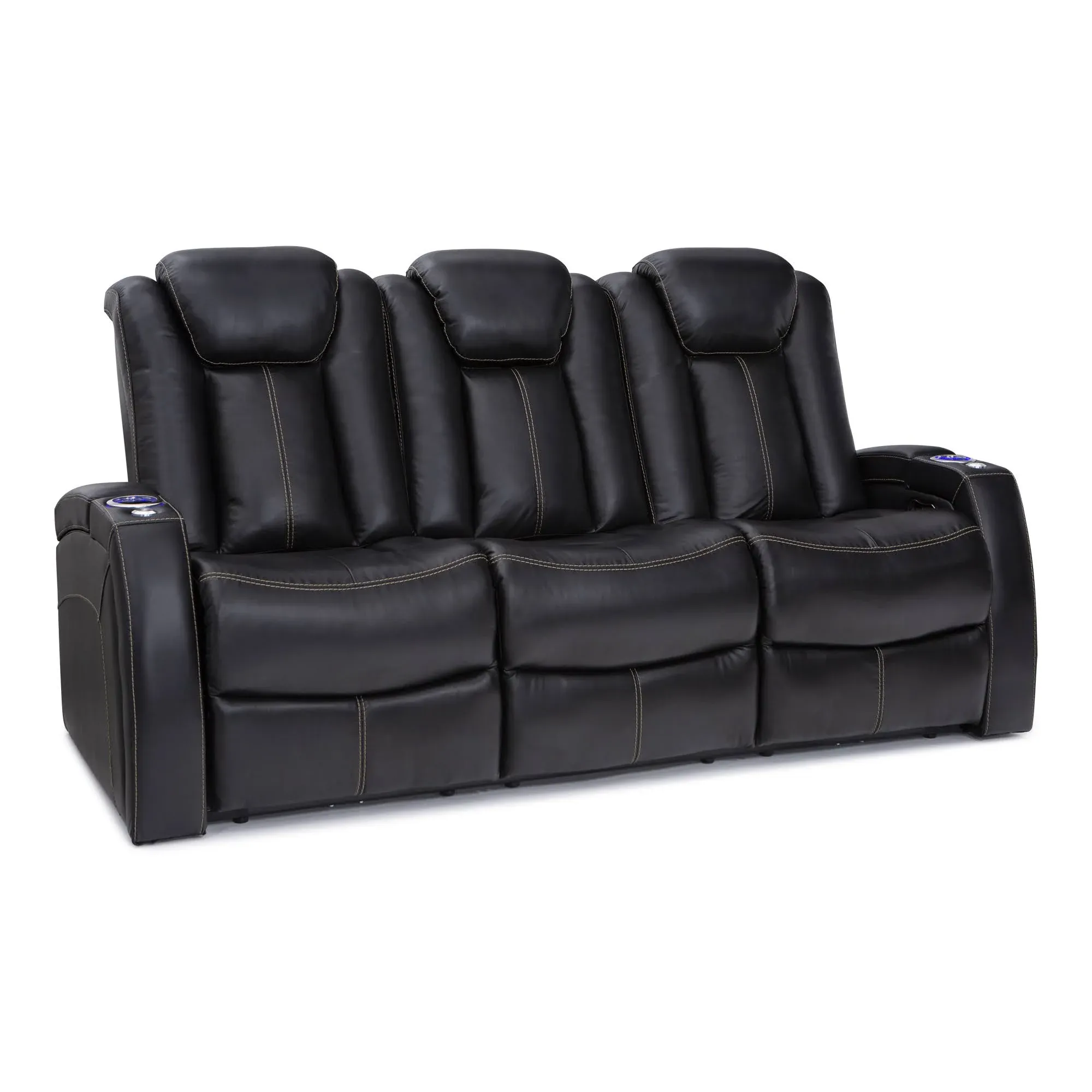 Seatcraft Omega Home Theater Seating - Living Room - Leather Gel - Power Recline - Power Headrests - AC and USB Charging - Lighted Cup Holders - Fold Down Table (Sofa, Black)