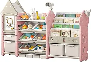 Toy Storage Organizer and Children Bookshelf, with 14 Bins, Pullout Drawers ...