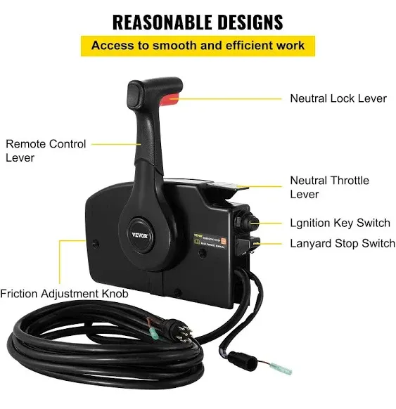 Boat Throttle Control for Mercury Side Mounted Outboard Remote Control Single Lever Binnacle with Key Switch and Lanyard