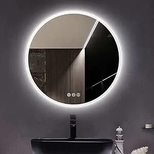 24" LED-Bathroom-Mirror-with-Lights, Wall-Mounted with Bluetooth Speaker, Anti-Fog, 3 Color Temperature, Dimmable Brightness, IP65 Waterproof, Tempered Glass, Frontlit & Backlit, Round