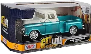 1957 Chevrolet 3100 Stepside Pickup Truck Lowrider Turquoise Metallic and White with White Interior "Get Low" Series 1/24 Diecast Model Car by Motormax