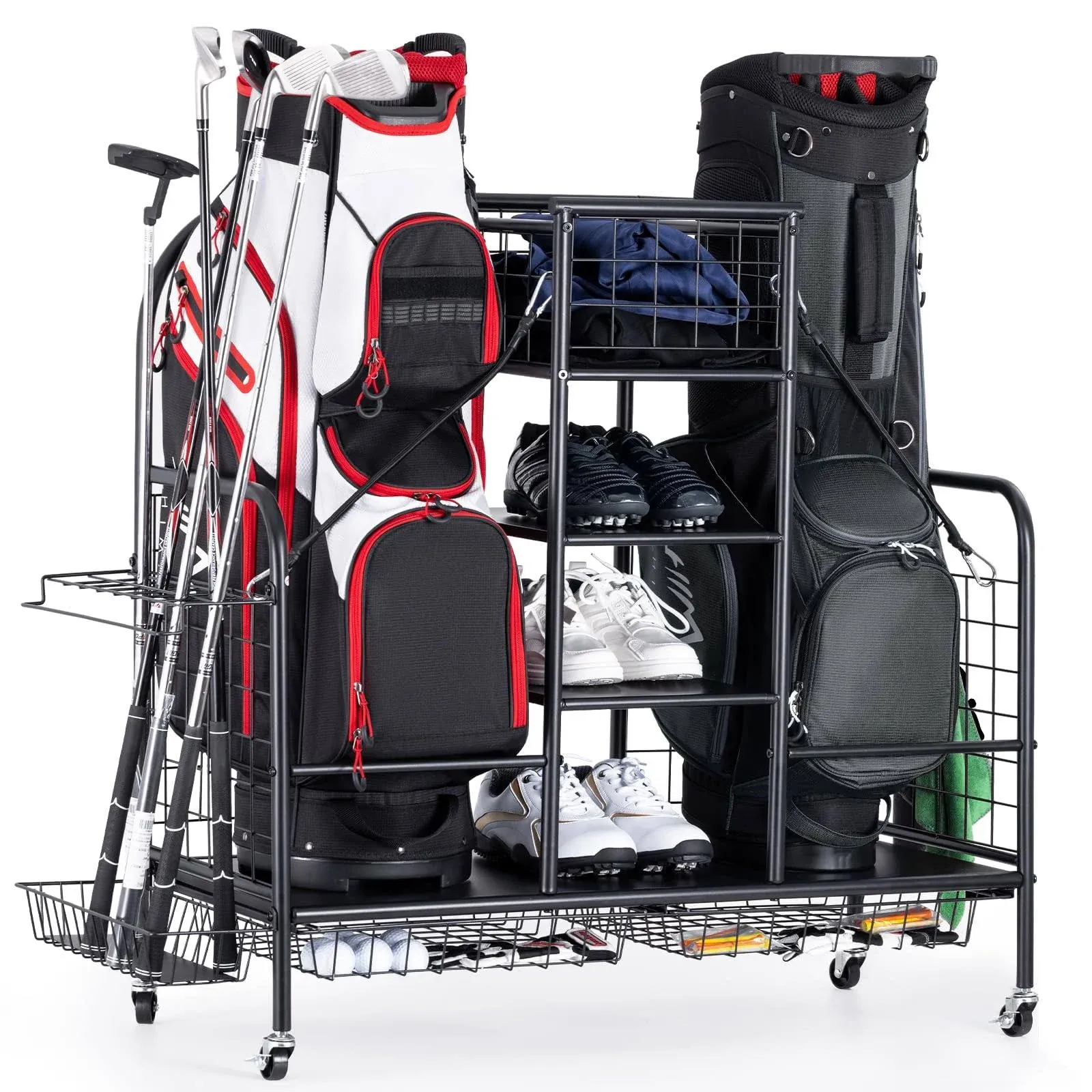 Golf Bag Organizer for Garage, Golf Bag Storage Stand for 2 Golf Bags, Extra Storage Rack for Golf Clubs