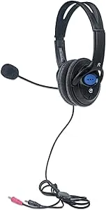 Manhattan Stereo Headset (Promo), Lightweight, adjustable microphone, in-line volume control, padded cloth ear cushions, two 3.5mm jack input plugs, cable 2m, Black, 3 year warranty, Box