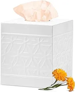 Autumn Alley White Tissue Box Cover Square, White Bathroom Accessories, Decorative Tissue Holders for Bathrooms, Bedroom, Kitchen with Embossed Pattern Tissue Holders Decorative, Modern, White