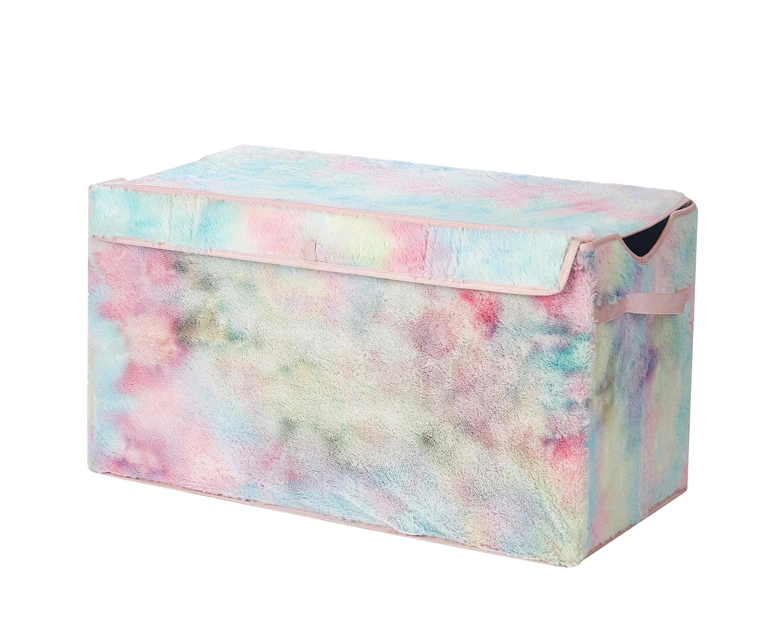  Sorbet Dream Faux Fur Collapsible Toy Storage Trunk, 28&#034; W, Tie Dye Rainbow Fur