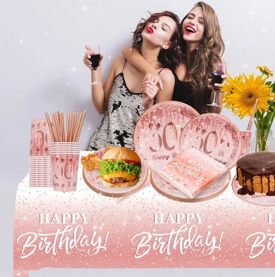 30th birthday decorations for women her - (Total 121pcs) rose gold Birthday supplies Plates and Napkins, Cups, Straws, tablecloth, Disposable Tableware for 24 Guests