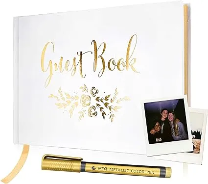 Guest Book - Simple Timeless Design Sign In for Wedding Reception, Baby Shower, Funeral, Vacation Home - Keepsake for Special Events - Polaroid Guestbook, Bookmark & Gold Floral - 9" x 6" (100 Pages)