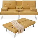 Best Choice Products Modern Faux Leather Convertible Futon Sofa w/ Removable Armrests, 2 Cupholders - Camel Yellow