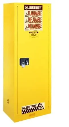 Justrite 22 Gallon Manual Close Slimline Flammable Storage Cabinet, 18 Gauge Steel, 3 Shelves, 2 Door Fire Cabinet, 65" x 23" x 18", Made in The USA, Yellow, 892200