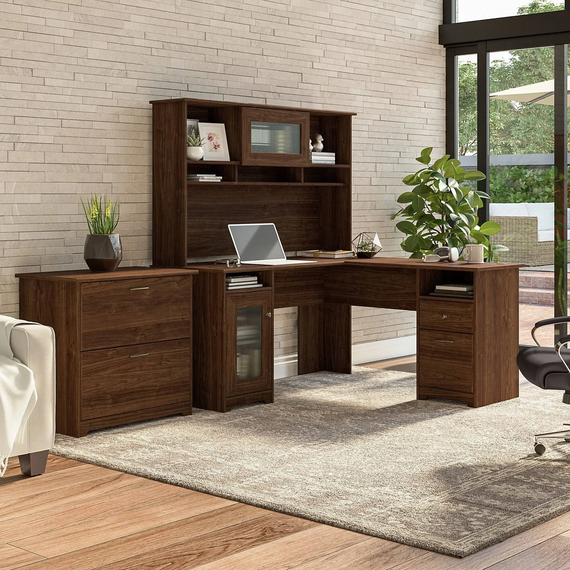 Bush Furniture Cabot 60W L Shaped Computer Desk with Hutch and Lateral File Cabinet Modern Walnut