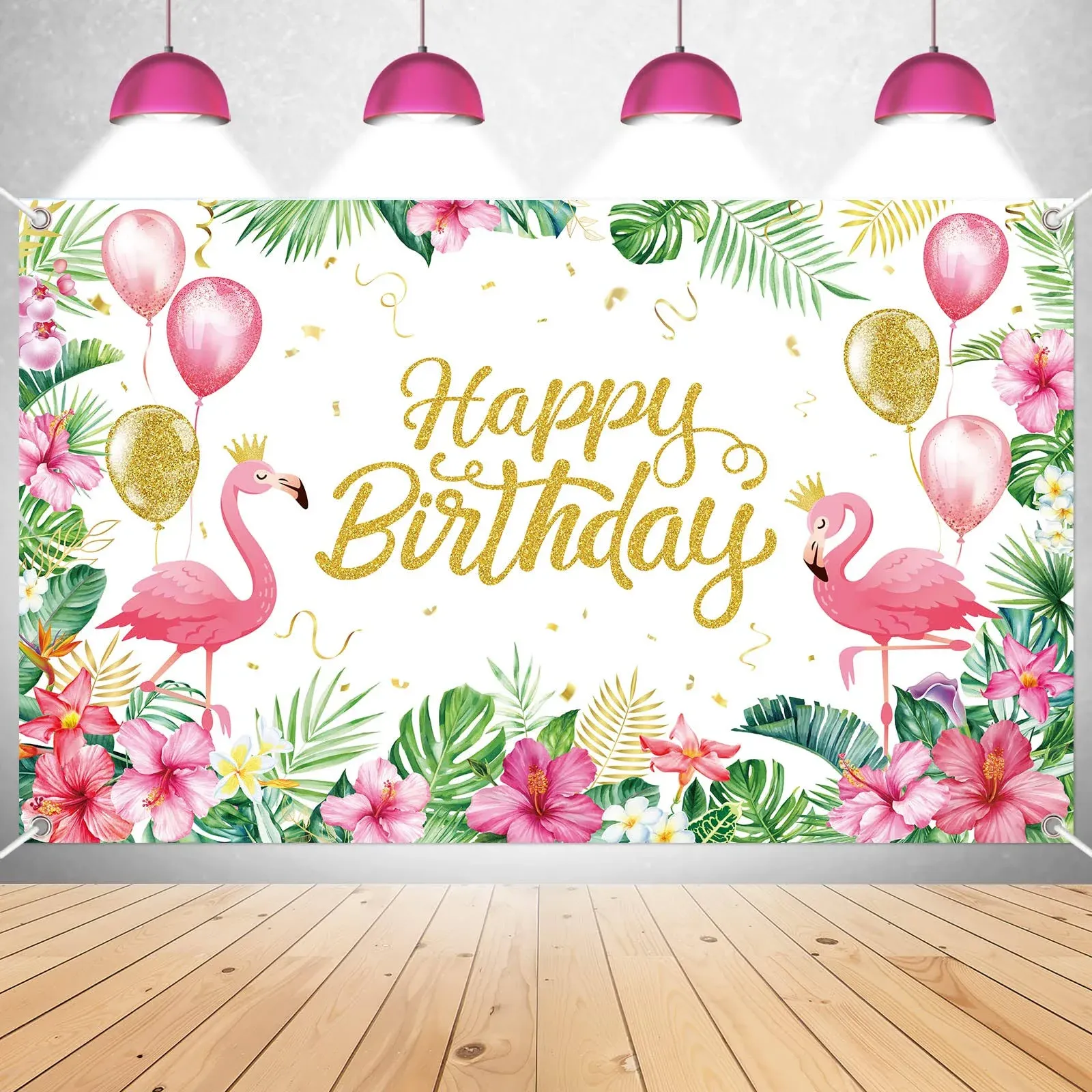 Happy Birthday Background - 6x4 Feet Female Birthday Decorations Flamingo Tropical Plants Photo Background Birthday Party Banner Decorations- White