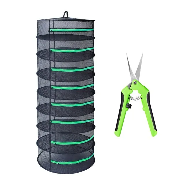 Growsun Herb Drying Rack EC36&nbsp;8 Layer 2ft Diameter Plant Hanging Mesh Dry Net w/Green Zipper, Free Garden Pruning Shears