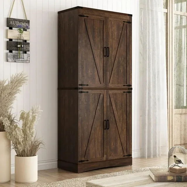 71" Farmhouse Tall Kitchen Pantry, 5 Layers Storage Cabinet with  Adjustable Shelves, Farmhouse Pantry Cabinet with 4 Barn Doors for Kitchen, Dining Room, Bathroom, Living Room, Rustic Brown