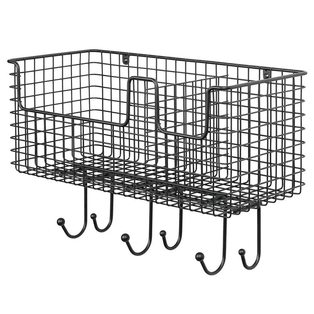 mDesign Metal Storage Organizer Basket with 6 Hooks Wall Mount Black